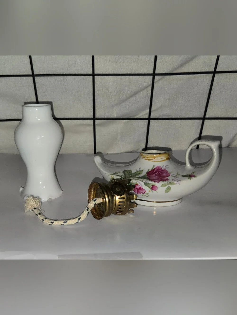 Vintage Miniature White Porcelain  Genie Oil Lamp